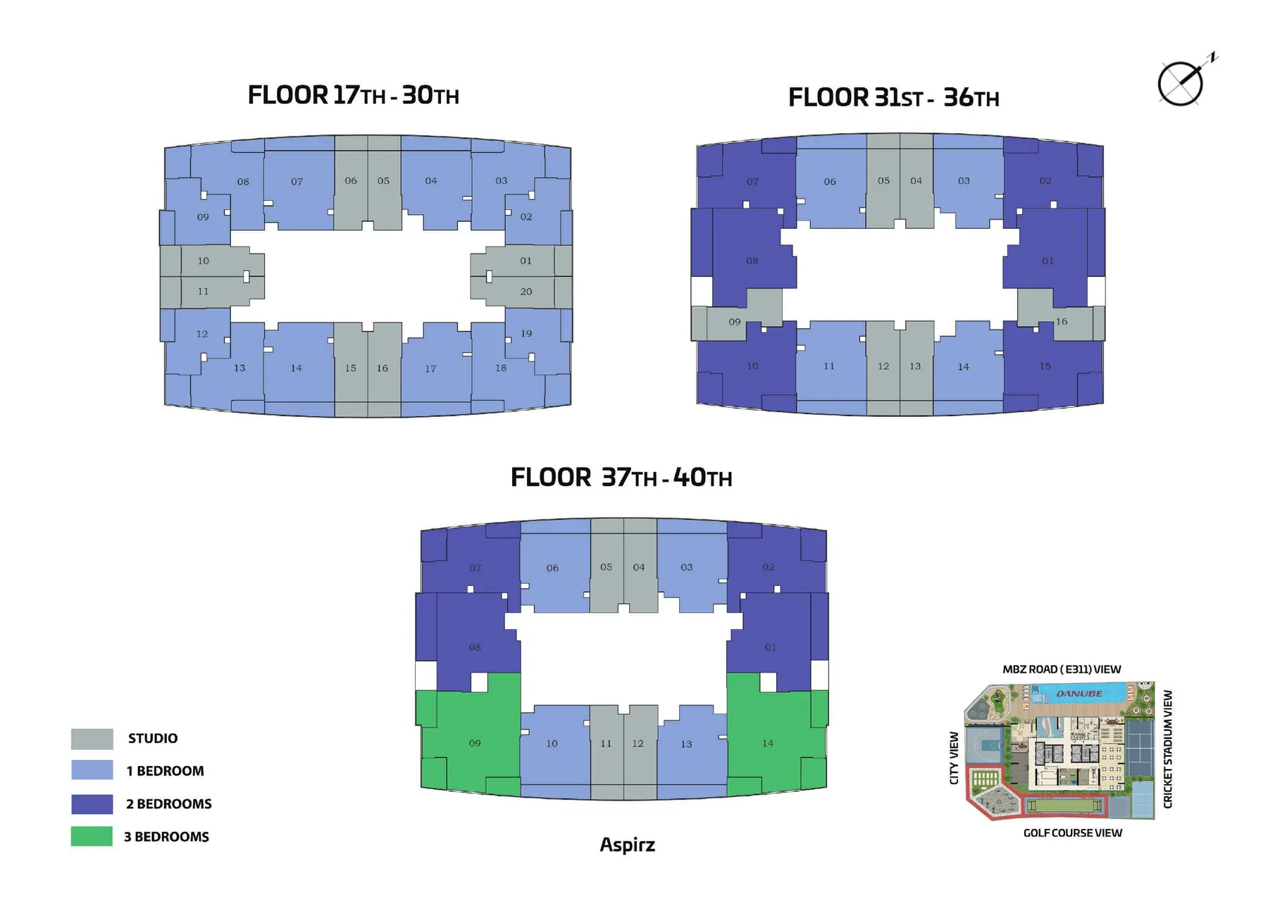 ASPIRZ residential floor plates for floors 17–30, 31–36 and 37–40