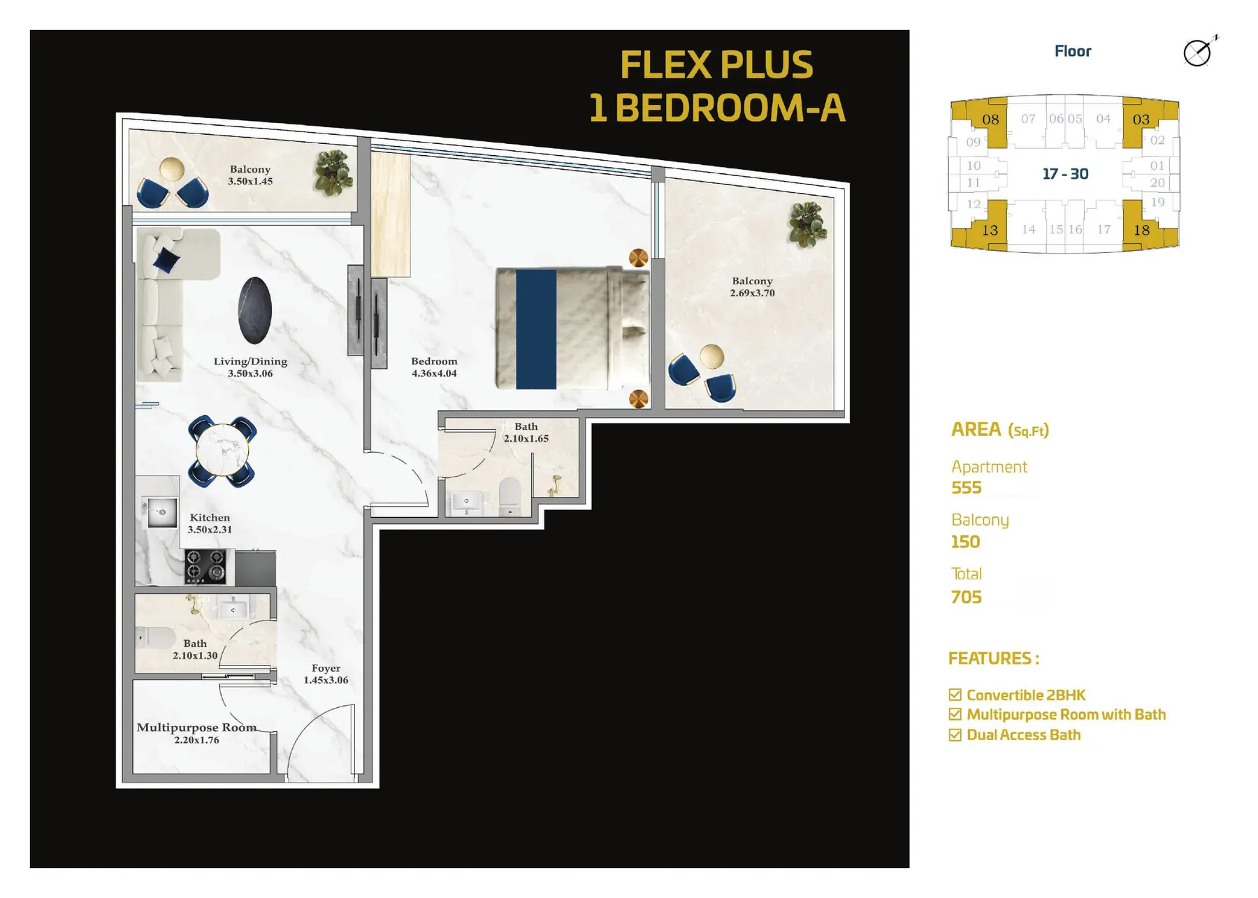 ASPIRZ Flex Plus 1 Bedroom A floor plan with room sizes