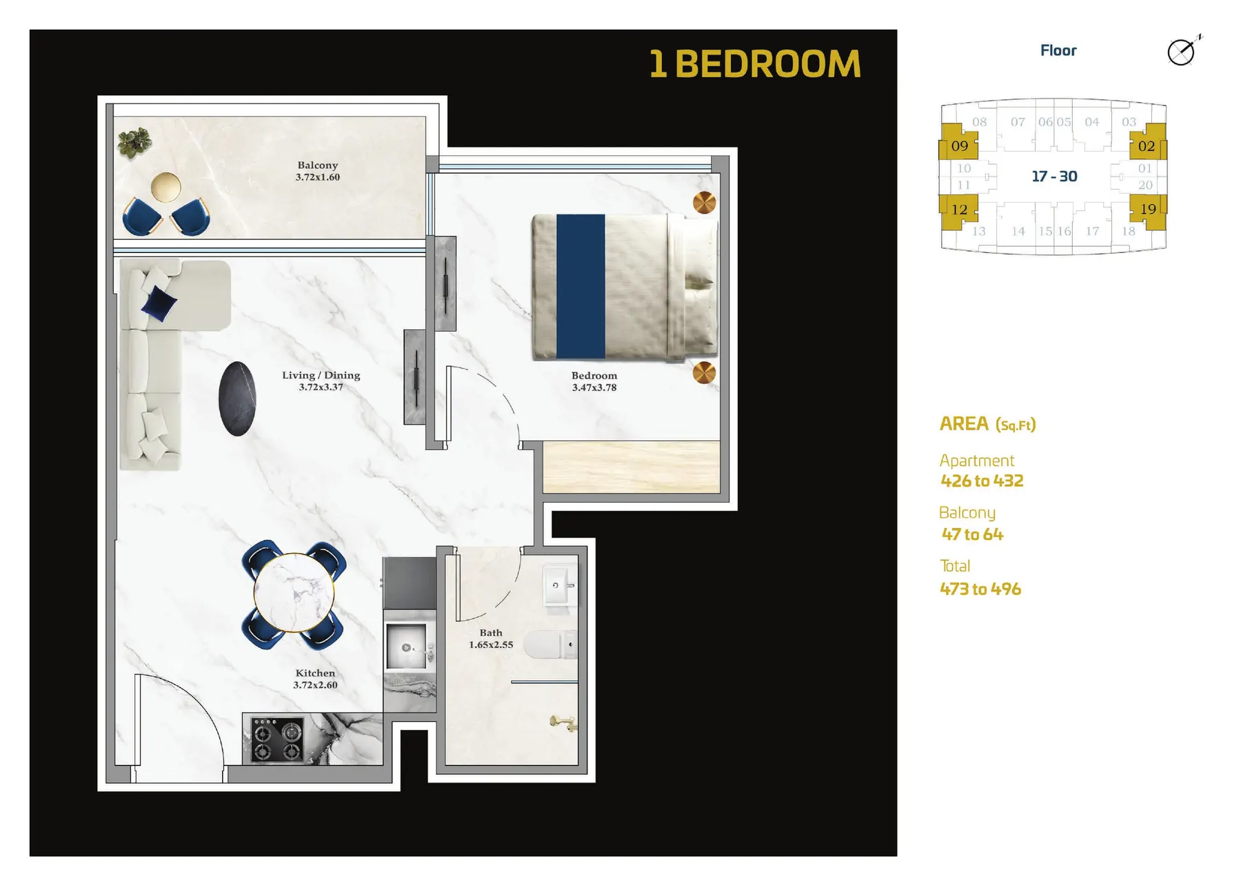 ASPIRZ 1 Bedroom floor plan with room sizes