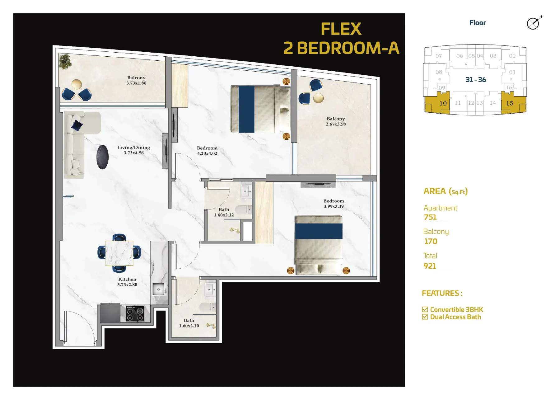 ASPIRZ Flex 2 Bedroom A floor plan with room sizes