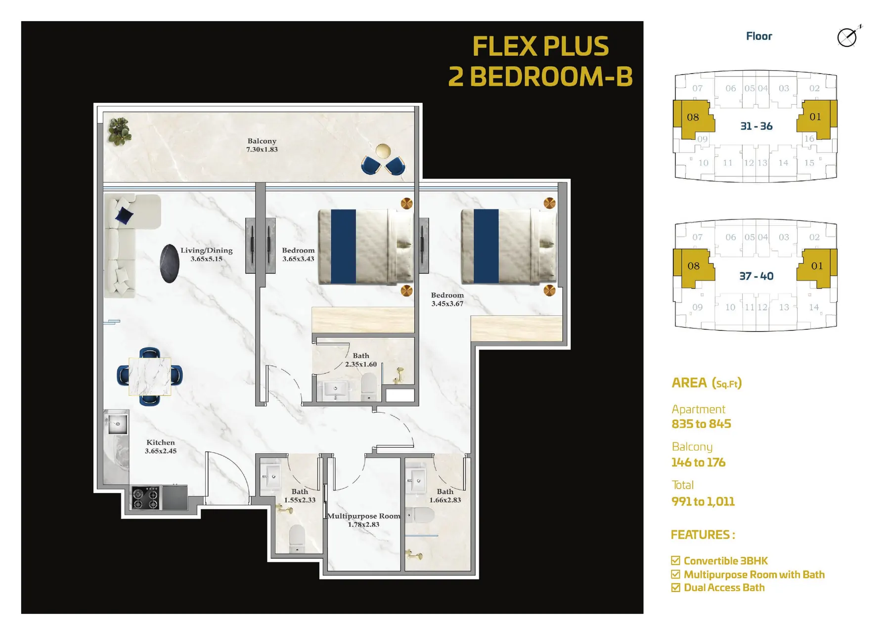 ASPIRZ Flex Plus 2 Bedroom B floor plan with room sizes