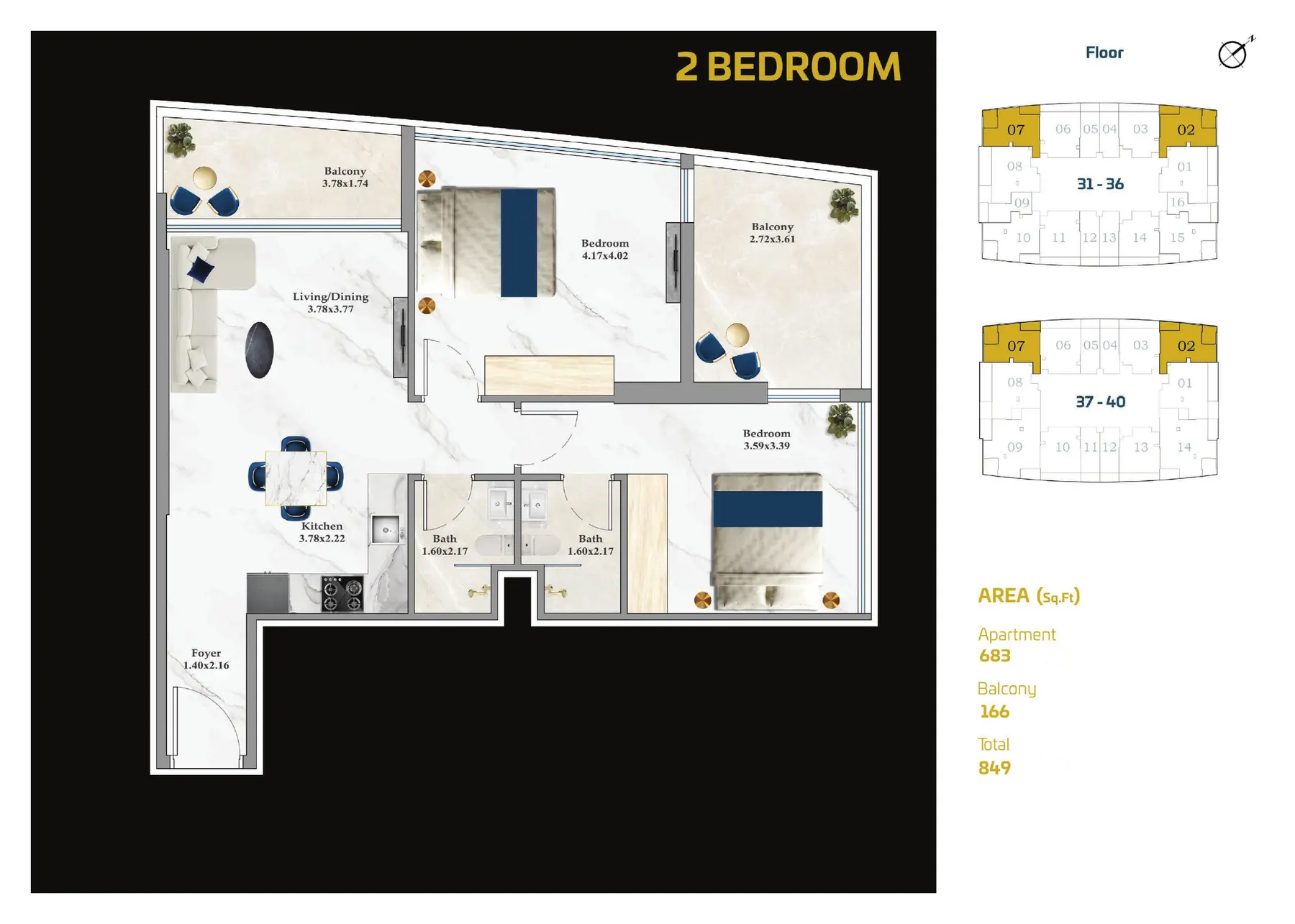 ASPIRZ 2 Bedroom floor plan with room sizes
