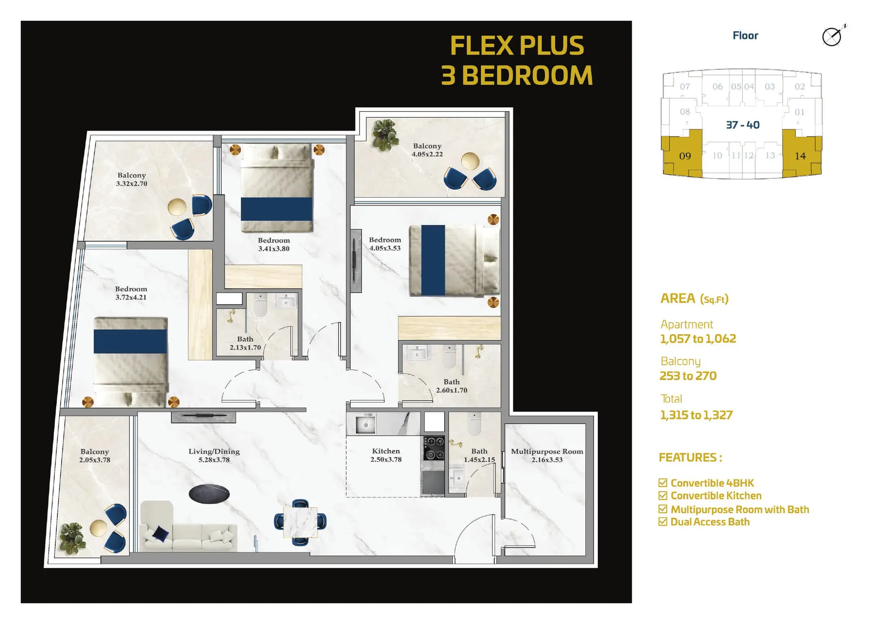 ASPIRZ Flex Plus 3 Bedroom floor plan with room sizes