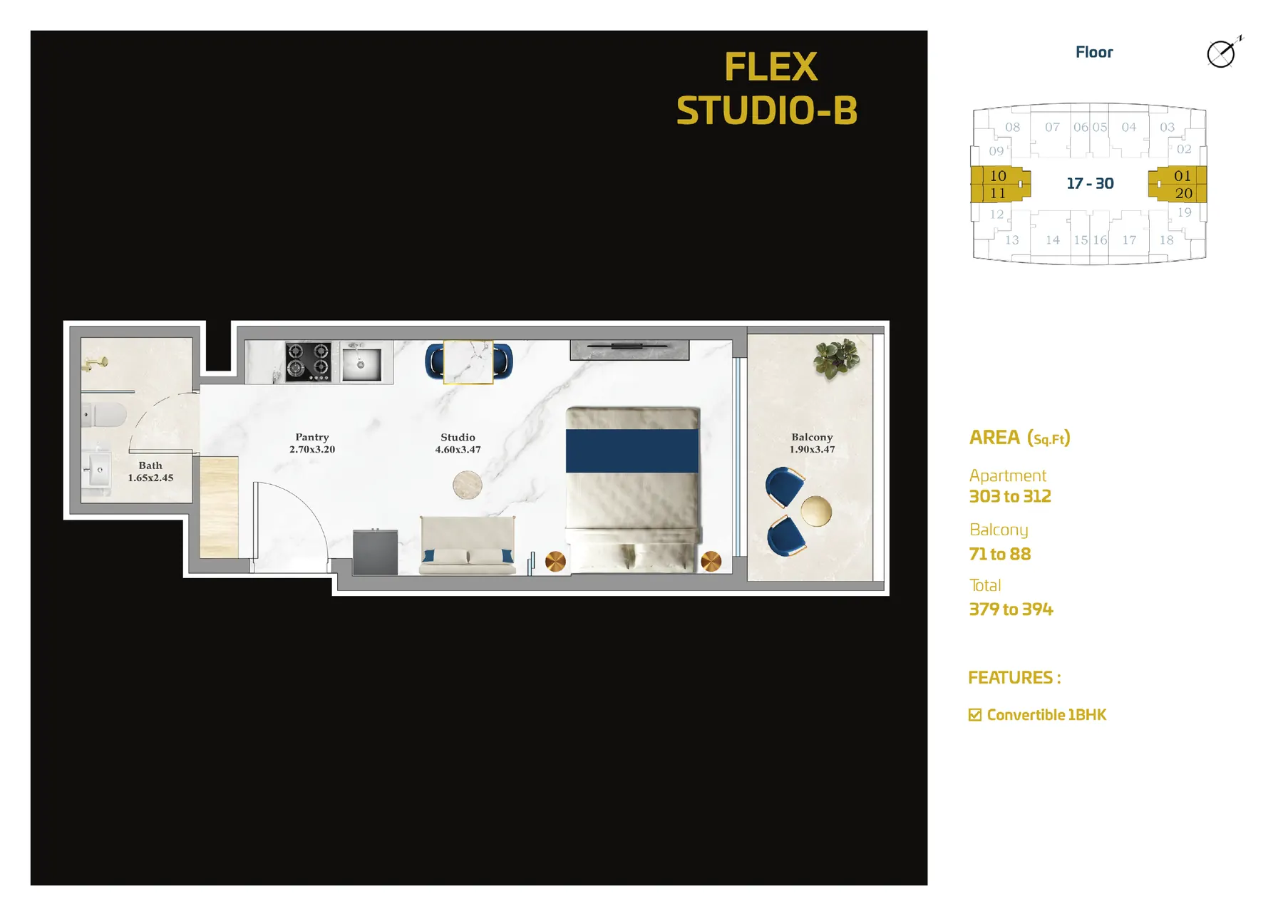 ASPIRZ Flex Studio B floor plan with room sizes
