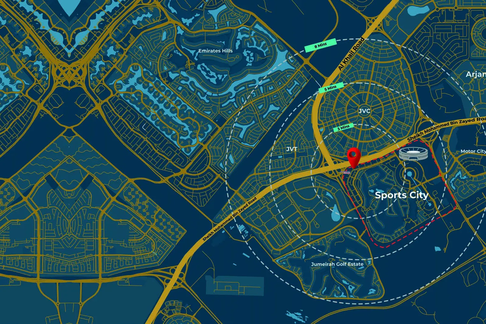 Map showing ASPIRZ in Dubai Sports City and nearby roads